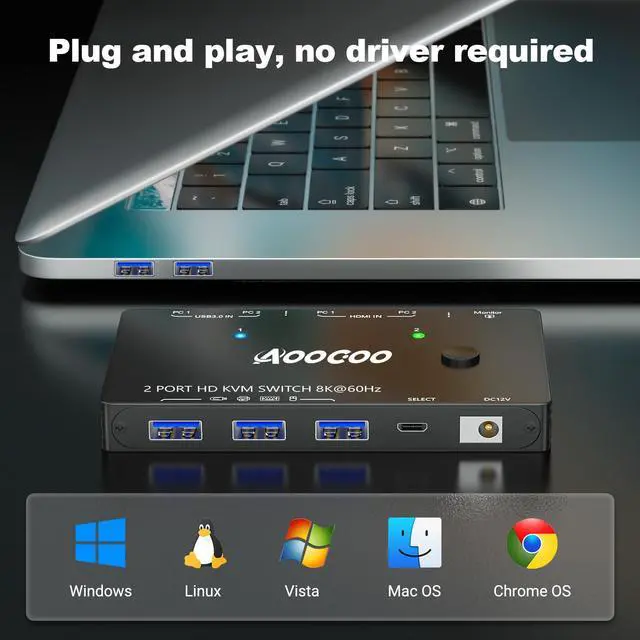 Alt view image 5 of 5 - HDMI KVM Switch 1 Monitors 2 PC 8K@60Hz/4K@120Hz KVM Switches with USB 3.0 Port,Wired Remote,Power Adapter and USB3.0 Cables Included