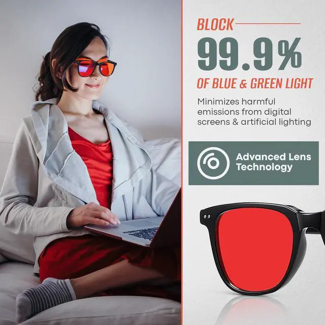 Alt view image 3 of 5 - AU CLAIRE Sleep Glasses for 99.9% Blue Green Light Blocking Dual AR Coatings Red Lens for Computer Gaming Screen Reduce Eyestrain (Aura (Black Frame))