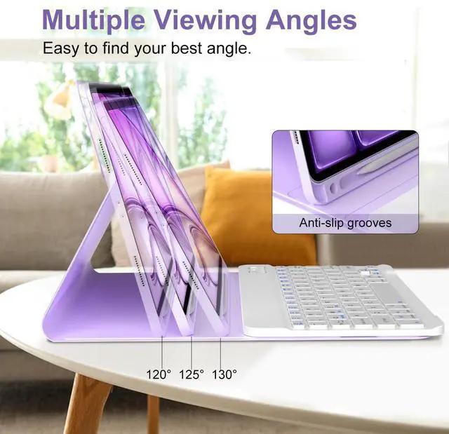 Alt view image 3 of 5 - Keyboard Case for iPad Air 11 Inch Case with Keyboard M3/M2 (2025/2024) & iPad Air 5th/4th Gen, Wireless Detachable Bluetooth Keyboard, Flip Stand Cover with Pencil Holder, Pink (Purple)