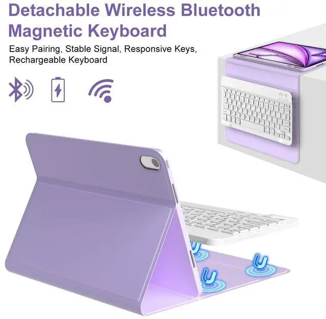 Alt view image 4 of 5 - Keyboard Case for iPad Air 11 Inch Case with Keyboard M3/M2 (2025/2024) & iPad Air 5th/4th Gen, Wireless Detachable Bluetooth Keyboard, Flip Stand Cover with Pencil Holder, Pink (Purple)