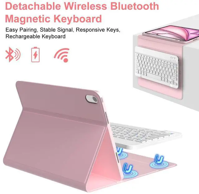 Alt view image 4 of 5 - Keyboard Case for iPad Air 11-inch (M3 2025 / M2 2024) & iPad Air 5th 4th Generation, Wireless Detachable Keyboard with Pencil Holder for iPad Air 11 2024, Pink