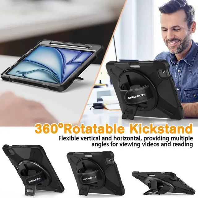 Alt view image 4 of 5 - BRAECN for iPad Air 11 Inch M3 2025/M2 2024,iPad Air 5th/ 4th Gen 10.9 Inch Shockproof Durable Silicone Case with 360 Rotating Hand Strap&Kickstand for iPad Pro 11'' 4/3/2/1st Case-Black