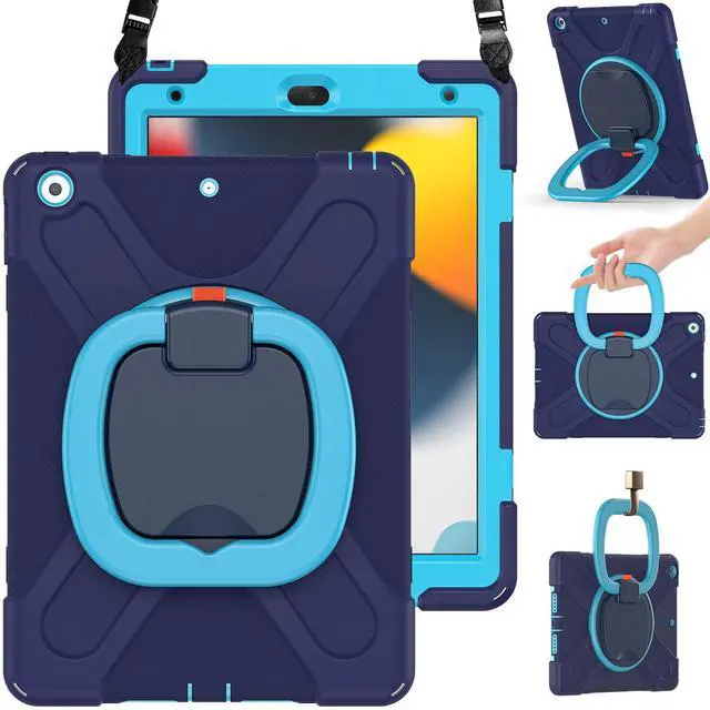 Main image of BRAECN for iPad Case 9th/8th/7th Generation,Rugged Kids Friendly Silicon Case with Folding Stand/Handle Grip Pencil Holder Shoulder Strap Screen Protector Pencil Cap Holder for iPad 10.2"-Navy Blue