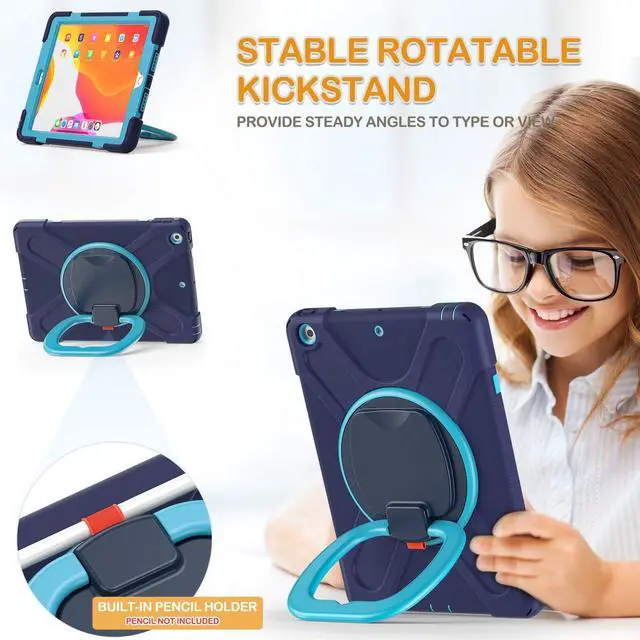 Alt view image 3 of 5 - BRAECN for iPad Case 9th/8th/7th Generation,Rugged Kids Friendly Silicon Case with Folding Stand/Handle Grip Pencil Holder Shoulder Strap Screen Protector Pencil Cap Holder for iPad 10.2"-Navy Blue