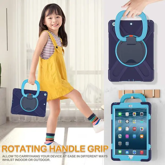 Alt view image 4 of 5 - BRAECN for iPad Case 9th/8th/7th Generation,Rugged Kids Friendly Silicon Case with Folding Stand/Handle Grip Pencil Holder Shoulder Strap Screen Protector Pencil Cap Holder for iPad 10.2"-Navy Blue