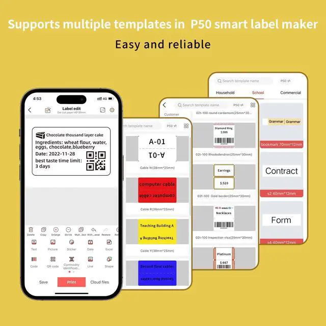 Alt view image 3 of 5 - BrokSilent P50 2 Inch Portable Thermal Label Maker with 1 Roll White 1.57"x1.18"(40 x 30mm) and 3 Roll White 1.96"x2.75"(50 x 70mm) Label Tapes, Bluetooth Label Printer Compatible with iOS&Android