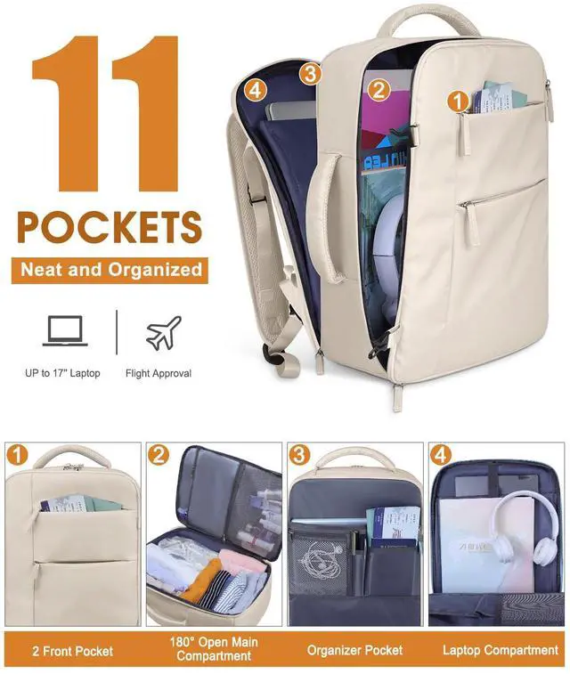 Alt view image 3 of 5 - Capolo Travel Backpack for Women Men Waterproof Laptop Backpack Airlines Approved Carry On Backpack Bag Computer Bookbag for Business, Work, Traveling Fits 17 Inch Laptop(Beige)