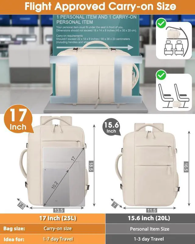 Alt view image 5 of 5 - Capolo Travel Backpack for Women Men Waterproof Laptop Backpack Airlines Approved Carry On Backpack Bag Computer Bookbag for Business, Work, Traveling Fits 17 Inch Laptop(Beige)