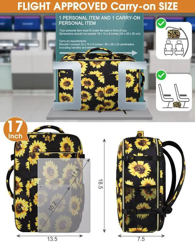 Alt view image 5 of 5 - Capolo Travel Backpack for Women Men Waterproof Laptop Backpack Airlines Approved Carry On Backpack Bag Computer Bookbag for Business, Work, Traveling Fits 17 Inch Laptop(Sunflower)