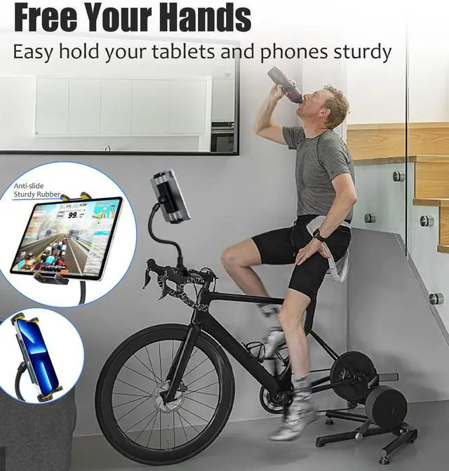 Alt view image 2 of 5 - Charchendo Tablet Holder for Spin Bike, Universal Handlebar Phone Mount with Gooseneck for Stationary Exercise Bike, Elliptical, Compatible with iPad Pro/Air/Mini, Smartphones More Devices 4-13''