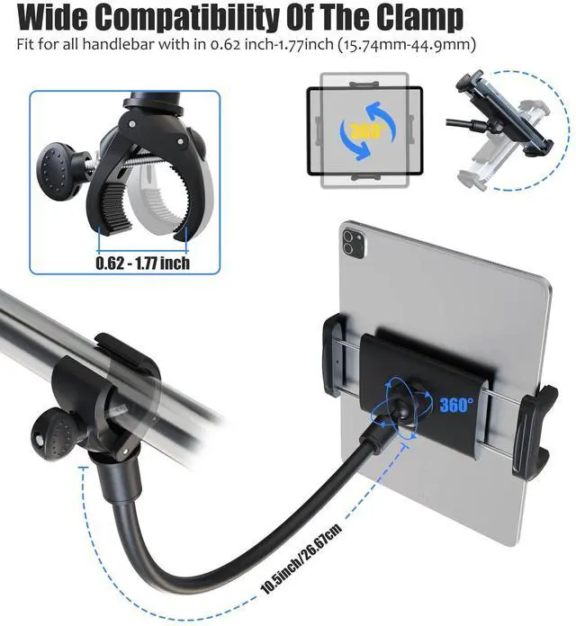 Alt view image 3 of 5 - Charchendo Tablet Holder for Spin Bike, Universal Handlebar Phone Mount with Gooseneck for Stationary Exercise Bike, Elliptical, Compatible with iPad Pro/Air/Mini, Smartphones More Devices 4-13''