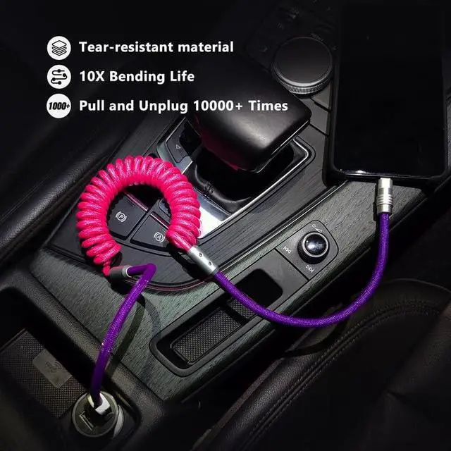 Alt view image 3 of 5 - chubbycable Curly Chubby - 240W Coiled USB C Cable Spring Retractable Fast Charging Cable for Car Compatible with CarPlay, Android Auto, Red+Dark Blue, Type-C to Type-C, 2.29FT-3.6FT