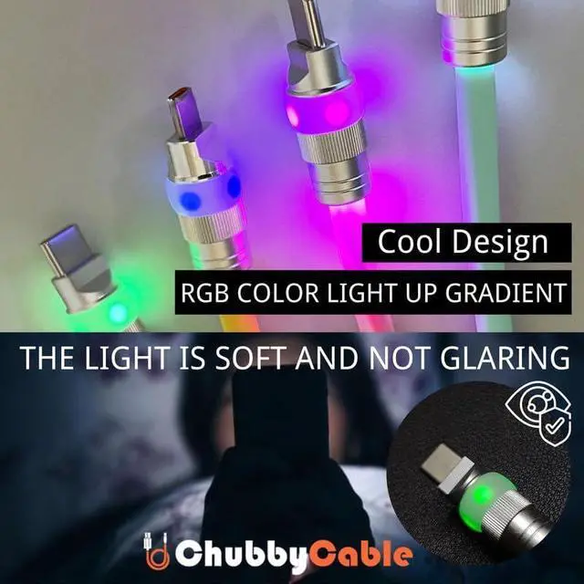 Alt view image 2 of 5 - chubbycable Neon Chubby - Fast Charge UFO Neon Cable Durable Charging Cable Ultra-Thick Silicone LED Light Up Phone Charger Cord, Light Blue, Type-C to Type-C, 4.9FT