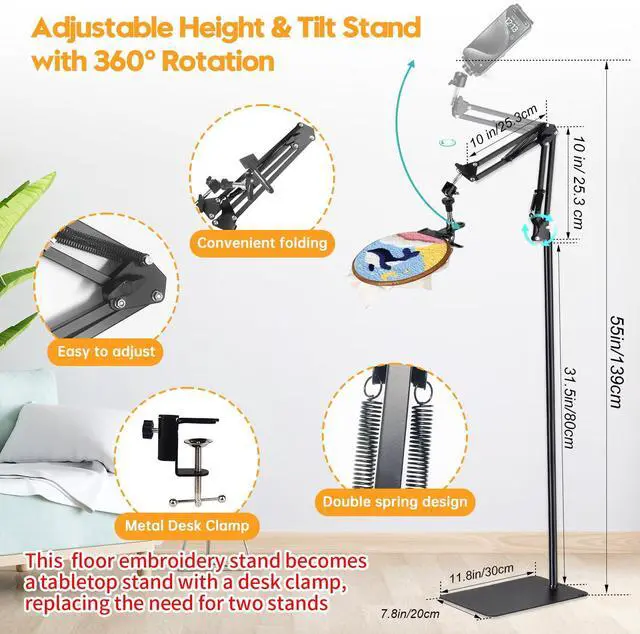 Alt view image 2 of 5 - Black Adjustable Embroidery Hoops Stand for Hand Work,3-in-1 Hoop/Tablet/Phone Holder Floor Stand,Embroidery Desktop StandLap Cross Stitch Frame with 360° Rotation,Hand Embroidery Stand