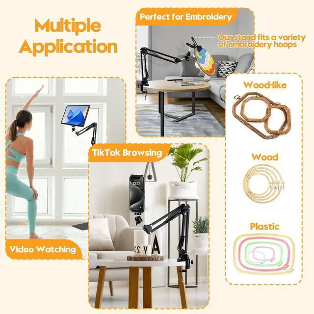 Alt view image 5 of 5 - Black Adjustable Embroidery Hoops Stand for Hand Work,3-in-1 Hoop/Tablet/Phone Holder Floor Stand,Embroidery Desktop StandLap Cross Stitch Frame with 360° Rotation,Hand Embroidery Stand