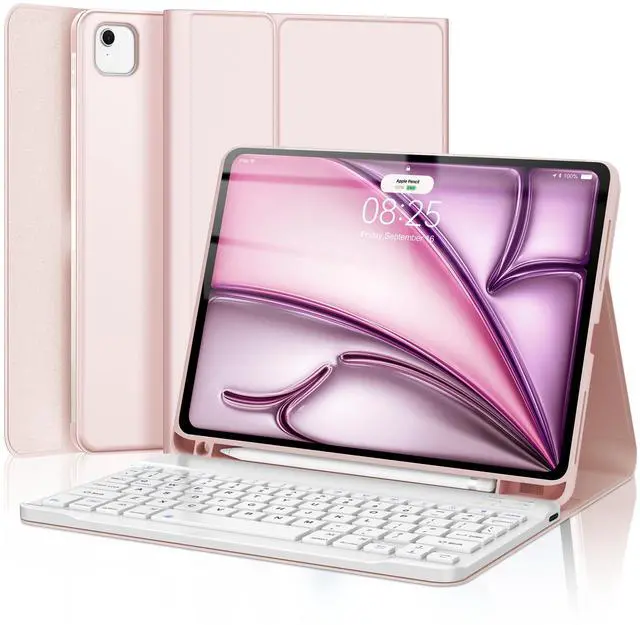 Main image of D DINGRICH iPad Air 11-inch M2 Case with Keyboard 2024, Smart Folio Leather Cover with Pencil Holder for iPad Air M2 11 inch, Rechargeable, Magnetic Wireless Keyboard for iPad Air 11 6th Gen - Pink