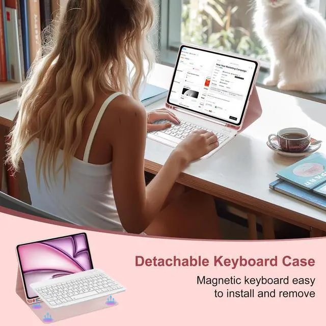 Alt view image 2 of 5 - D DINGRICH iPad Air 11-inch M2 Case with Keyboard 2024, Smart Folio Leather Cover with Pencil Holder for iPad Air M2 11 inch, Rechargeable, Magnetic Wireless Keyboard for iPad Air 11 6th Gen - Pink