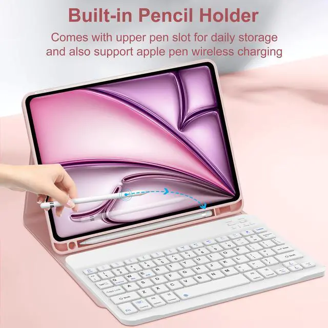 Alt view image 4 of 5 - D DINGRICH iPad Air 11-inch M2 Case with Keyboard 2024, Smart Folio Leather Cover with Pencil Holder for iPad Air M2 11 inch, Rechargeable, Magnetic Wireless Keyboard for iPad Air 11 6th Gen - Pink