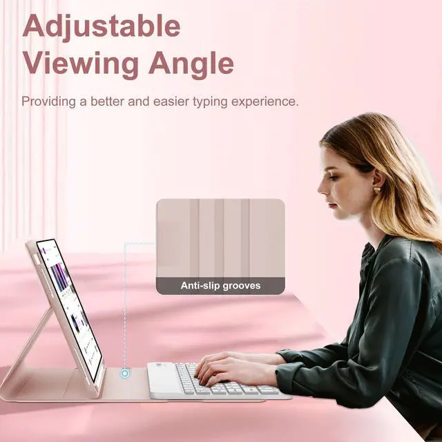 Alt view image 3 of 5 - D DINGRICH iPad Air 11-inch M2 Case with Keyboard 2024, Smart Folio Leather Cover with Pencil Holder for iPad Air M2 11 inch, Rechargeable, Magnetic Wireless Keyboard for iPad Air 11 6th Gen - Pink