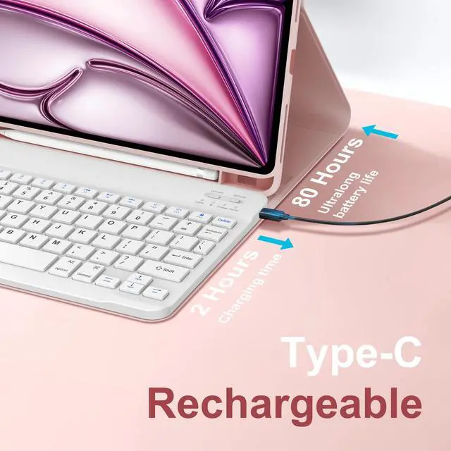 Alt view image 5 of 5 - D DINGRICH iPad Air 11-inch M2 Case with Keyboard 2024, Smart Folio Leather Cover with Pencil Holder for iPad Air M2 11 inch, Rechargeable, Magnetic Wireless Keyboard for iPad Air 11 6th Gen - Pink