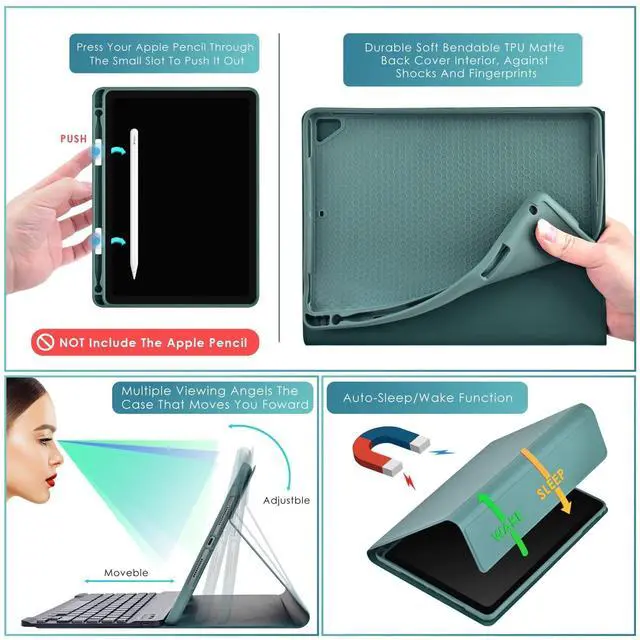 Alt view image 4 of 5 - DETUOSI for iPad Air 2 Keyboard Case, for iPad 9.7" 2017/2018 Keyboard Case with Apple Pencil Holder, Detachable Wireless 7-Colors Backlit Keyboard + PU Leather Cover for iPad Pro 9.7", for iPad Air 1