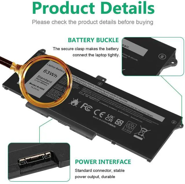 Alt view image 3 of 5 - ASUNCELL RJ40G 63Wh Laptop Battery Replacement for Dell Latitude 15 5520 Latitude 14 5420 Precision 15 3560 Series M033W 01K2CF 075X16 WY9DX P137G P137G001 P104F P104F001 0WK3F1 0M3KCN 15.2V 3941mAh