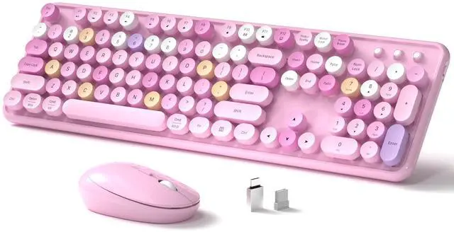 Main image of Links9+ Wireless Keyboard and Mouse, Full-Size Retro Typewriter Keyboard with Round Keycaps, 2.4GHz for Windows, Mac, Laptop, PC, Desktop (Pink Colorful)