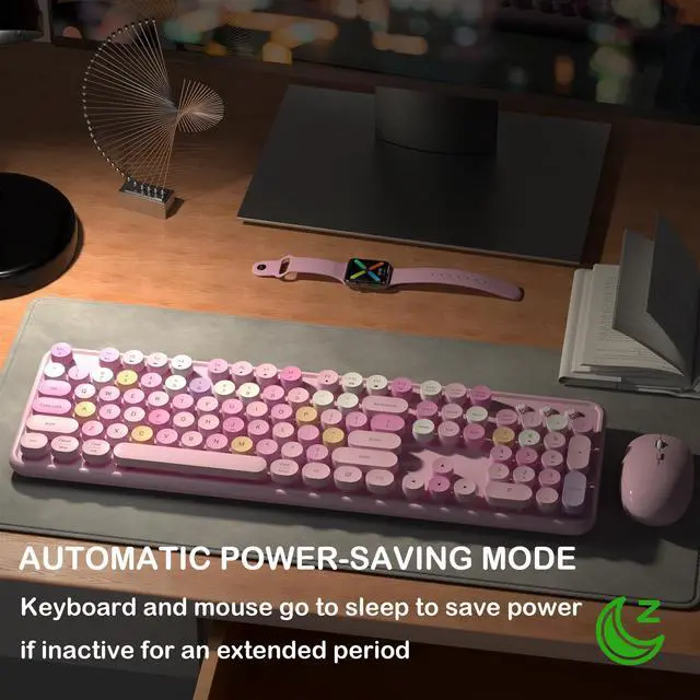 Alt view image 2 of 5 - Links9+ Wireless Keyboard and Mouse, Full-Size Retro Typewriter Keyboard with Round Keycaps, 2.4GHz for Windows, Mac, Laptop, PC, Desktop (Pink Colorful)