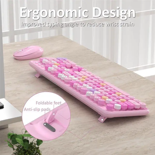 Alt view image 3 of 5 - Links9+ Wireless Keyboard and Mouse, Full-Size Retro Typewriter Keyboard with Round Keycaps, 2.4GHz for Windows, Mac, Laptop, PC, Desktop (Pink Colorful)