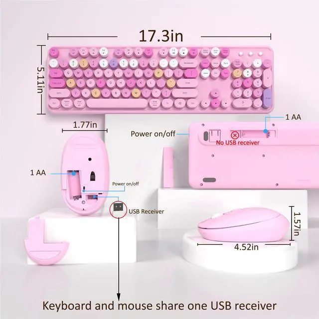 Alt view image 4 of 5 - Links9+ Wireless Keyboard and Mouse, Full-Size Retro Typewriter Keyboard with Round Keycaps, 2.4GHz for Windows, Mac, Laptop, PC, Desktop (Pink Colorful)