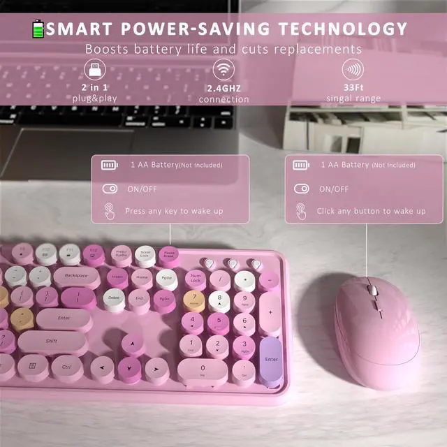 Alt view image 5 of 5 - Links9+ Wireless Keyboard and Mouse, Full-Size Retro Typewriter Keyboard with Round Keycaps, 2.4GHz for Windows, Mac, Laptop, PC, Desktop (Pink Colorful)