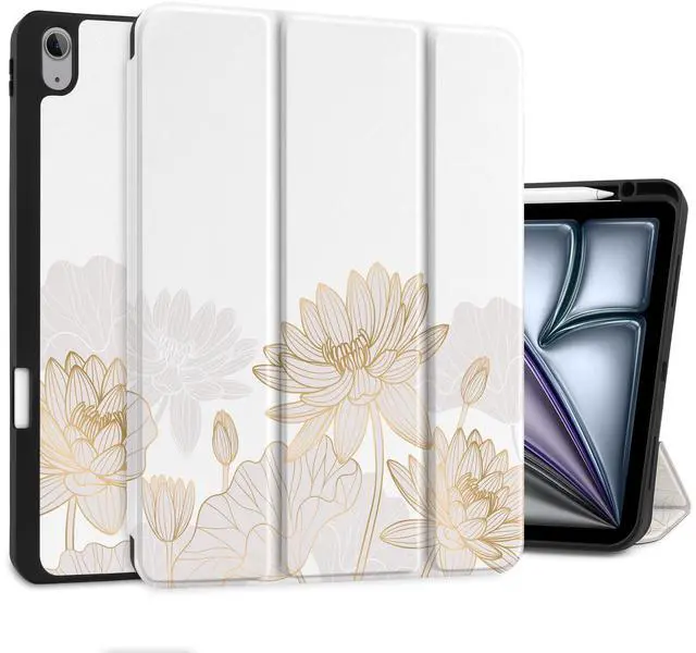 Main image of DONGKE for iPad Air 13 Inch Case M3 2025, M2 2024 - [Built-in Pencil Holder] Slim Trifold Stand Shockproof Protective Cover with Soft TPU Back Support Auto Sleep/Wake - Gold Lotus