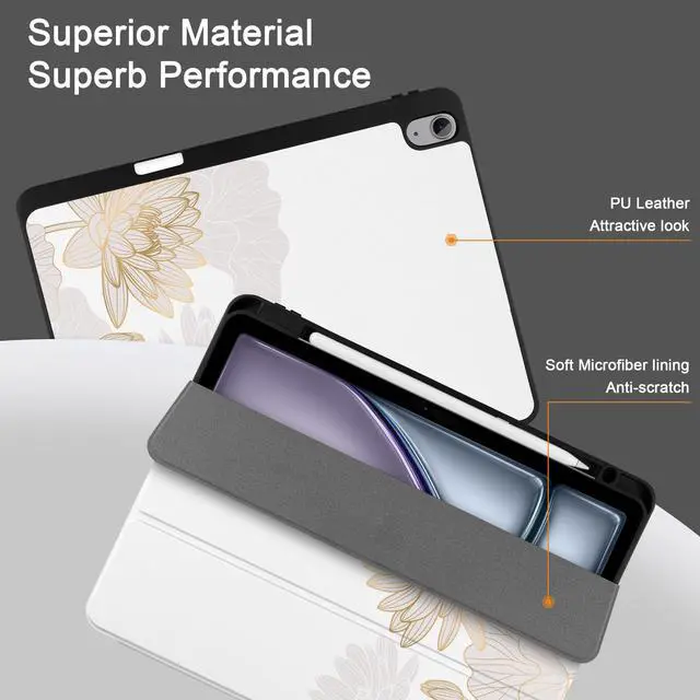 Alt view image 2 of 5 - DONGKE for iPad Air 13 Inch Case M3 2025, M2 2024 - [Built-in Pencil Holder] Slim Trifold Stand Shockproof Protective Cover with Soft TPU Back Support Auto Sleep/Wake - Gold Lotus