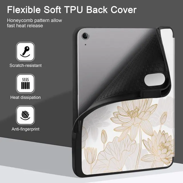 Alt view image 4 of 5 - DONGKE for iPad Air 13 Inch Case M3 2025, M2 2024 - [Built-in Pencil Holder] Slim Trifold Stand Shockproof Protective Cover with Soft TPU Back Support Auto Sleep/Wake - Gold Lotus