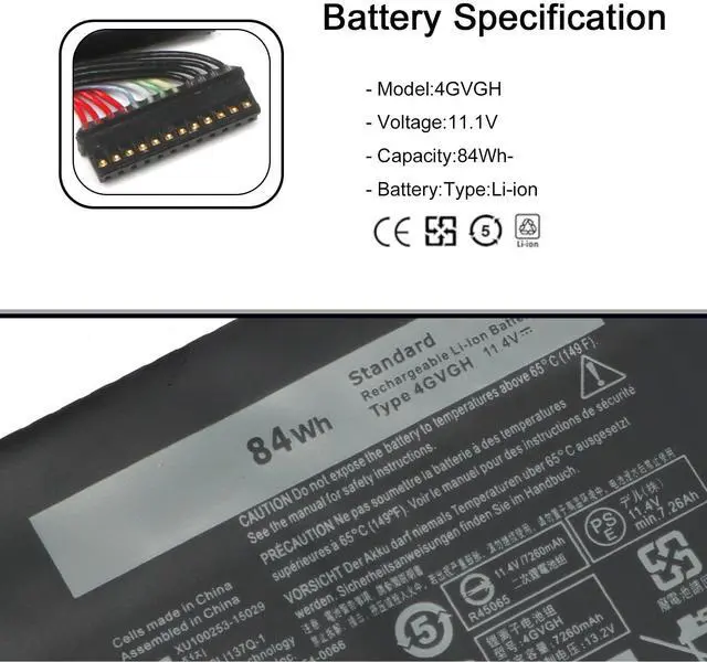 Alt view image 3 of 5 - 84W 4GVGH 6GTPY battery for Dell XPS 15 9560 9570 9550 7590; Precision 5510 5520 5530; Vostro 7500 5XJ28 i7-7700HQ 5D91C 01P6KD P56F001; Precision 5510 5520 5530; 5041C 05041C 5D91C P56F001 series