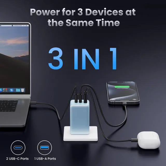 Alt view image 2 of 5 - 130W USB C Charger Block,GaN 3-Port Compact Wall Charger,Foldable Fast Charging Station,PD 65W USB C Laptop Charging for MacBook Pro/Air, Dell XPS, iPhone 16/15/14/13,iPad Pro,Galaxy S24-Light Blue