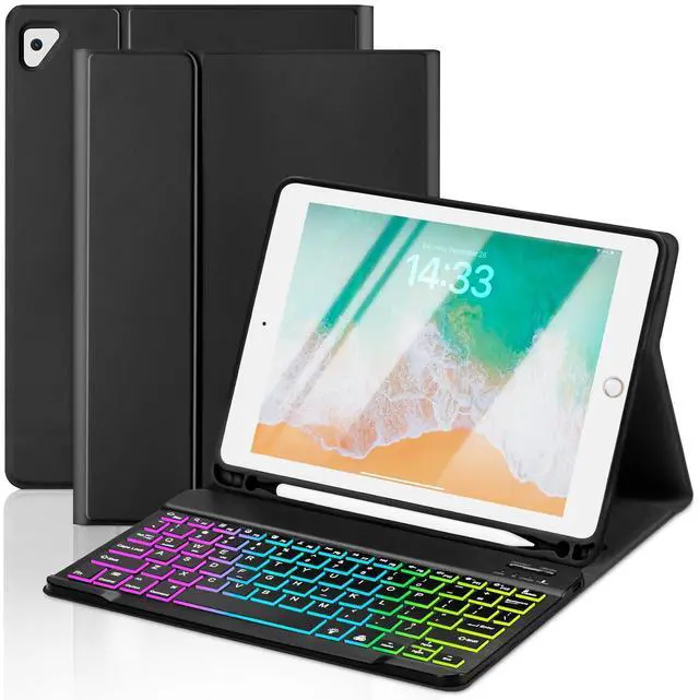 Main image of EAMPANG Case with Keyboard for iPad 6th/5th Generation Air 1 2 Pro 9.7inch,7 Color Rainbow Backlight Detachable USB-C Keyboard Magnetic Case with Pen Slot for iPad 2018 2017 Black