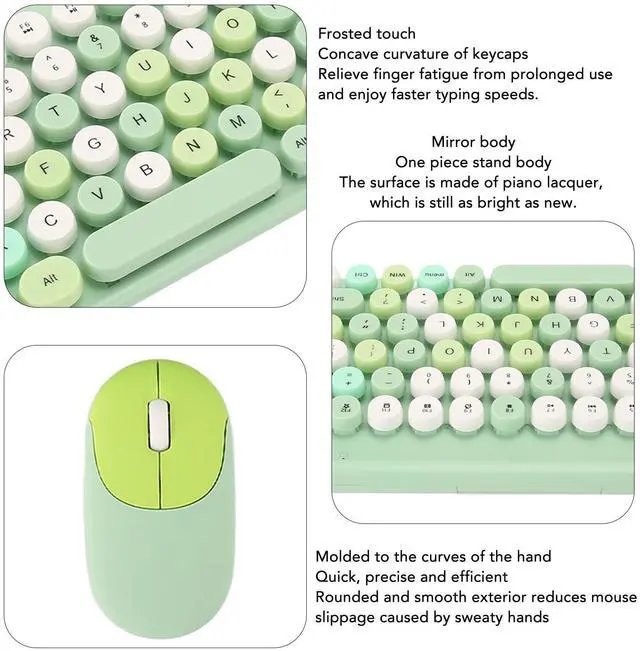 Alt view image 4 of 5 - Keyboard and Mouse Retro Colorful Round Keycap 86 Keys, 2.4G for PC Laptop Computer, USB Cute Keyboard Mouse, for Office Work (Green)