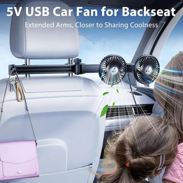 Alt view image 4 of 5 - ELOHEI Car Fan for Backseat Kids with Foldable Stand, 12V Quiet 3 Speed 360deg Rotate Dual Head Usb Car Fans Strong Wind Power for Universal Cars SUV Sedan Trucks
