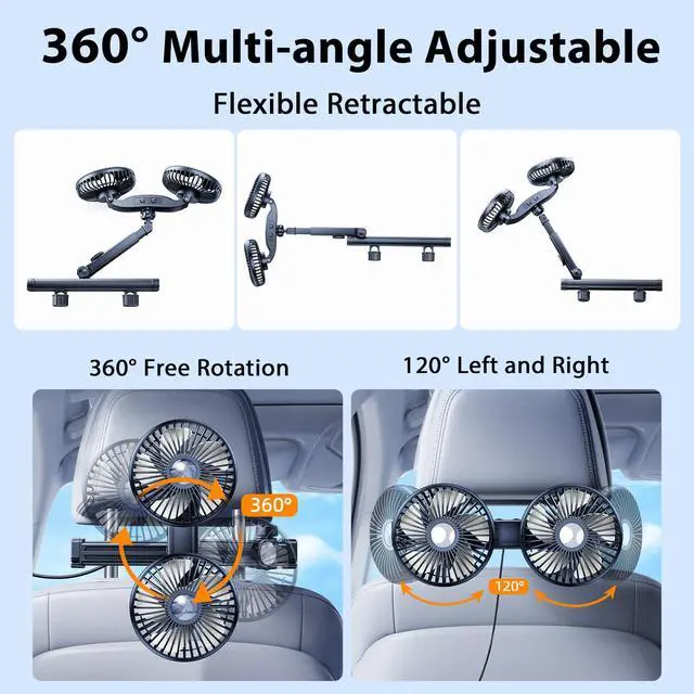 Alt view image 5 of 5 - ELOHEI Car Fan for Backseat Kids with Foldable Stand, 12V Quiet 3 Speed 360deg Rotate Dual Head Usb Car Fans Strong Wind Power for Universal Cars SUV Sedan Trucks