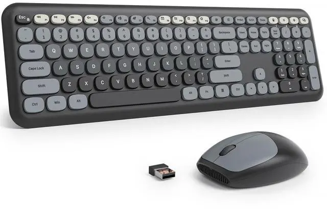 Main image of Fogruaden Quiet Black Wireless Keyboard and Mouse, 2.4GHz Retro Cute Typewriter-Style Full-Size Colorful Keyboard and Mouse Combo, Slim Design, Low-Noise Typing for Home, Office, Windows PC, Laptop