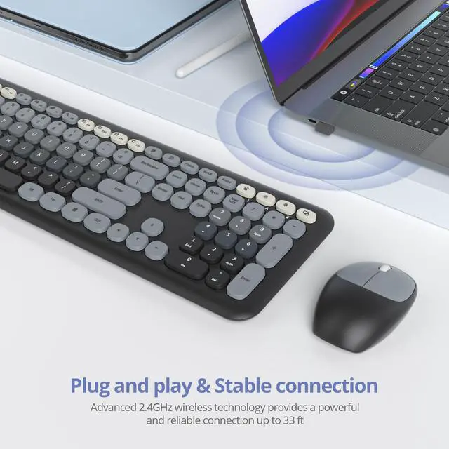 Alt view image 2 of 5 - Fogruaden Quiet Black Wireless Keyboard and Mouse, 2.4GHz Retro Cute Typewriter-Style Full-Size Colorful Keyboard and Mouse Combo, Slim Design, Low-Noise Typing for Home, Office, Windows PC, Laptop