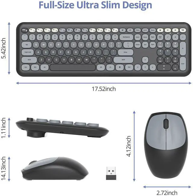 Alt view image 3 of 5 - Fogruaden Quiet Black Wireless Keyboard and Mouse, 2.4GHz Retro Cute Typewriter-Style Full-Size Colorful Keyboard and Mouse Combo, Slim Design, Low-Noise Typing for Home, Office, Windows PC, Laptop