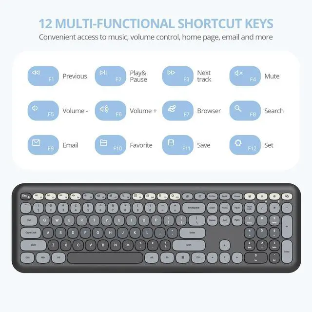 Alt view image 4 of 5 - Fogruaden Quiet Black Wireless Keyboard and Mouse, 2.4GHz Retro Cute Typewriter-Style Full-Size Colorful Keyboard and Mouse Combo, Slim Design, Low-Noise Typing for Home, Office, Windows PC, Laptop