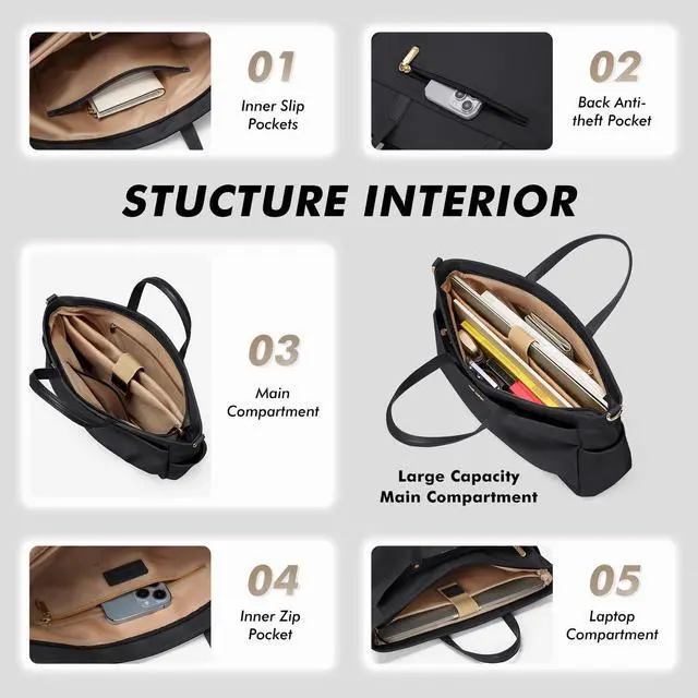 Alt view image 3 of 5 - Laptop Tote Bag 15.6 Inch, Computer Shoulder Bag Large Work Tote Bag for Women, Laptop Carrying Case Stylish Handbag for Business Travel (Black)