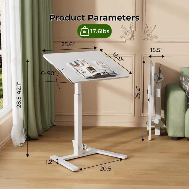 Alt view image 3 of 5 - Gibbon Mounts Foldable Standing Desk,Small Mobile Sit-Stand Desk with 90 Tiltable Top,Rolling Rising Laptop Workstation Adjustable Height,Portable Table on Hidden Wheels/4 Lockable Casters,White