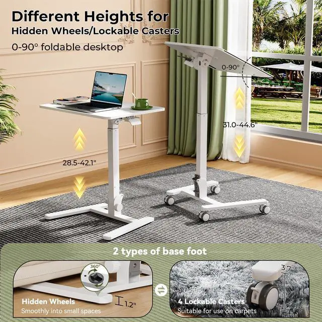 Alt view image 4 of 5 - Gibbon Mounts Foldable Standing Desk,Small Mobile Sit-Stand Desk with 90 Tiltable Top,Rolling Rising Laptop Workstation Adjustable Height,Portable Table on Hidden Wheels/4 Lockable Casters,White
