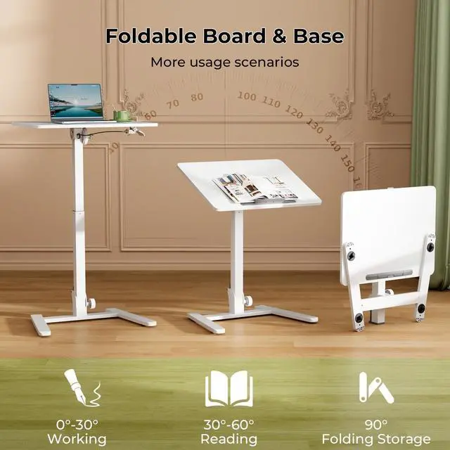 Alt view image 5 of 5 - Gibbon Mounts Foldable Standing Desk,Small Mobile Sit-Stand Desk with 90 Tiltable Top,Rolling Rising Laptop Workstation Adjustable Height,Portable Table on Hidden Wheels/4 Lockable Casters,White