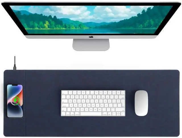 Main image of Magnetic Wireless Charging Desk Mat, 31"x11.7" Mouse Pad with Ultra-Smooth Surface, Microfiber Leather Office Mouse Mat, Waterproof Extended Computer Keyboard Desk Mat for Office & Home, Laptop, Blue