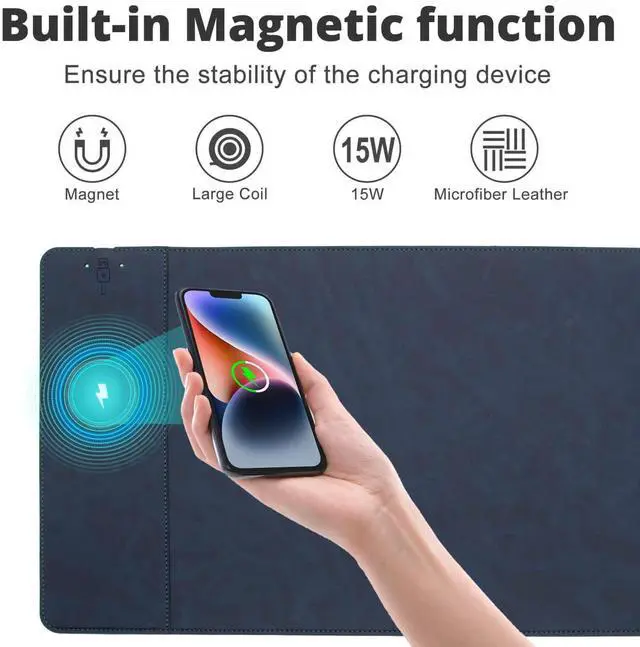 Alt view image 2 of 5 - Magnetic Wireless Charging Desk Mat, 31"x11.7" Mouse Pad with Ultra-Smooth Surface, Microfiber Leather Office Mouse Mat, Waterproof Extended Computer Keyboard Desk Mat for Office & Home, Laptop, Blue